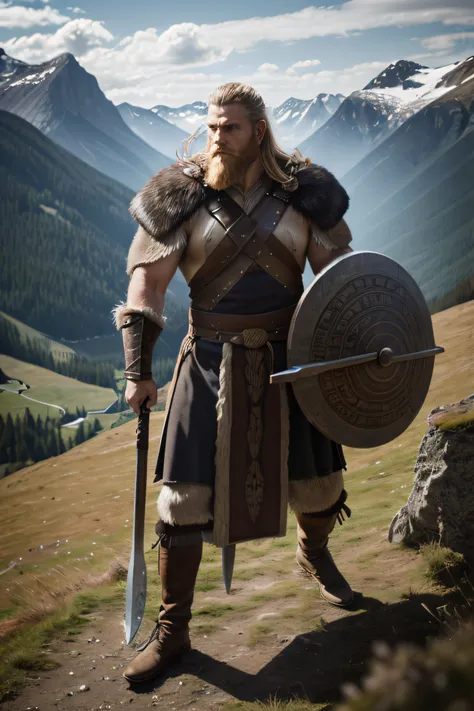 an awarded photography of Wulfrik the Wanderer - A fierce and bearded Norse warrior, wielding a rune-inscribed great axe., at Foehn Wind: A warm and dry wind that descends down a mountain slope, causing rapid temperature changes. , masterpiece, ultrasharp,...