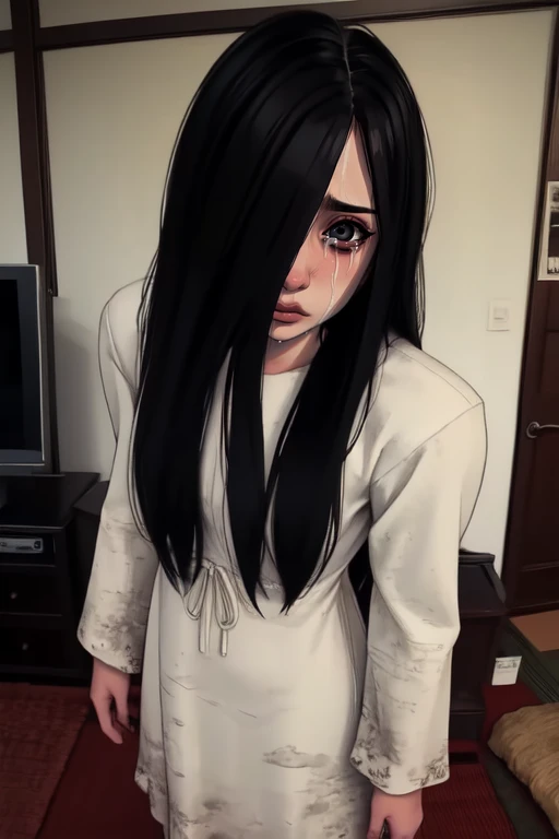 Sadako,  long black hair, hair over eyes,  sad, tears, 
White dress, long sleeves,,dirty clothes, 
solo, standing,
dark room, large TV,   Japanese house, 
(insanely detailed, beautiful detailed face, masterpiece, best quality)  <lora:TheOnryo-09:0.7>