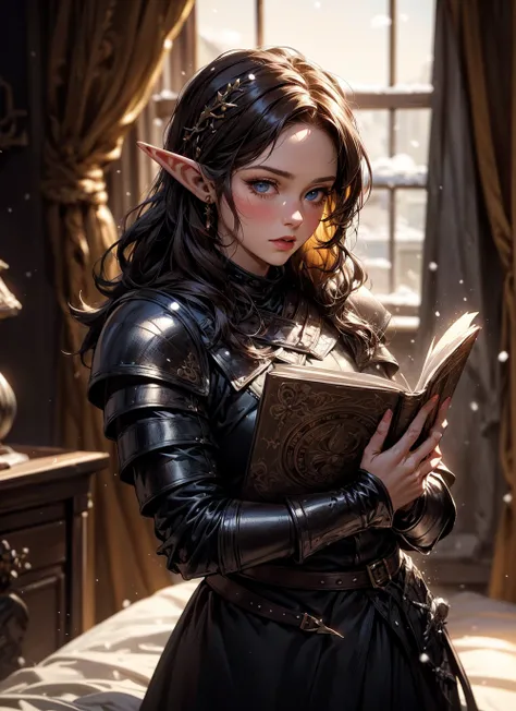 a princess elf in her room reading a book, 1girl, cute elf girl, fantasy, flawless, 8k, RAW, highres, snowing, game of thrones, man in nights watch armor, black armor, beard, long brown hair, looking at viewer, cinematic, dark background, two tone lighting...