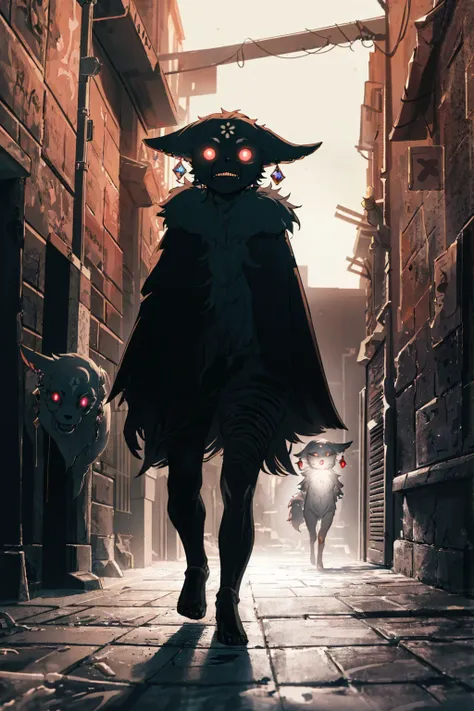 (best quality, high resolution, extremely detailed:1.2), YaeMikoFox walking towards,dark alley, looking down, smiling, creepy, fantastic fur, glowing accessories, <lora:Gloomifier_TheDread_V1_LECO:1.5> , bioluminescence , detailed clothing, expensive cloth...