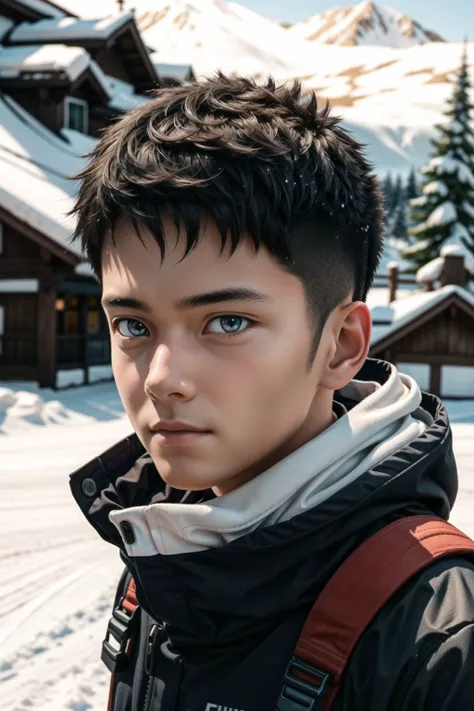 1boy wearing on a snowy ski piste, hyperrealism, highly detailed background, 8k uhd, dslr, soft lighting, high quality, film grain, Fujifilm XT3, HD, Sharp, OverallDetail, 3d, oc rendering, unreal engine, detailed face, detailed skin, detailed eyes, realis...