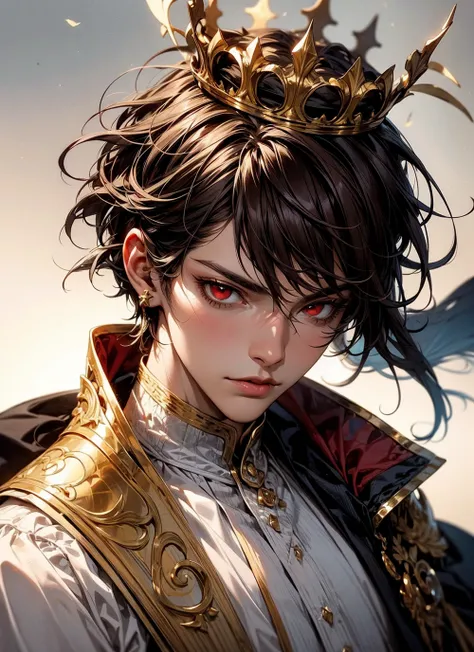 Prince with shoulder-length dark brown hair, and red eyes, wears a golden crown, white poet shirt, 1boy, close-up