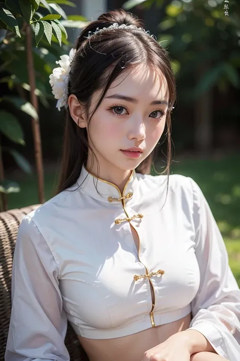 Chinese 1girl, ultra-detailed,highres,realistic,beautiful detailed face,looking at viewer,white chinese clothes,sitting,luminous complexion,