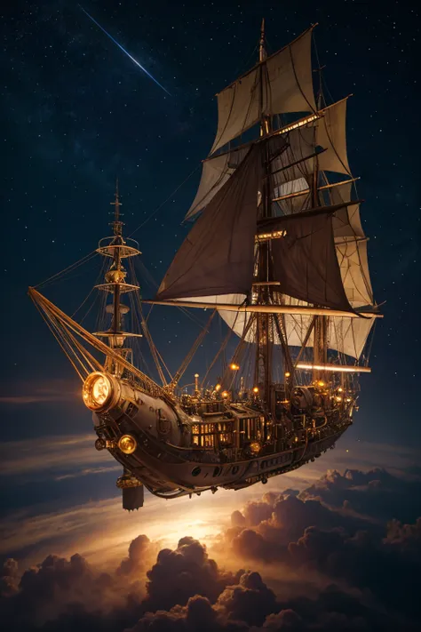 steampunk [spaceship|spaceship|sailingship] floating in space