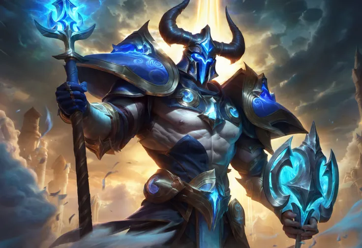 arcana hecarim skin, best aesthetic, lolsplashart, solo, looking at viewer, 1boy, holding, weapon, male focus, horns, sky, cloud, armor, muscular, glowing, abs, helmet, cloudy sky, pectorals, muscular male, staff, shoulder armor, gauntlets, clenched hand, ...