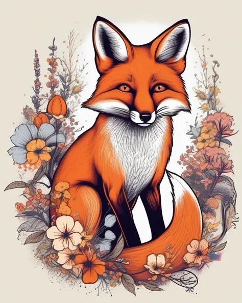 fox and flowers,  t-shirt design <lora:last:1>