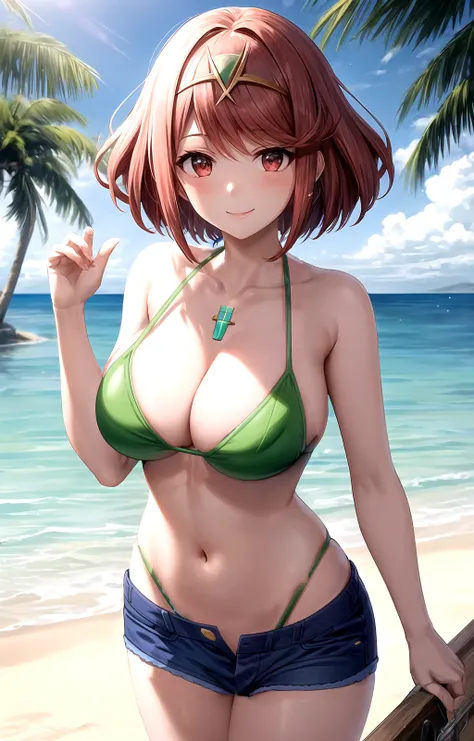 masterpiece, best quality, best aesthetic, anime, ultra detailed,
pyra (xenoblade), 1girl, solo, reiovabikini, (green bikini, micro bikini:1.2), (blue shorts, denim shorts, short shorts:1.2), open fly, (large breasts:1.3), (wide hips:1.3), (red hair, short...