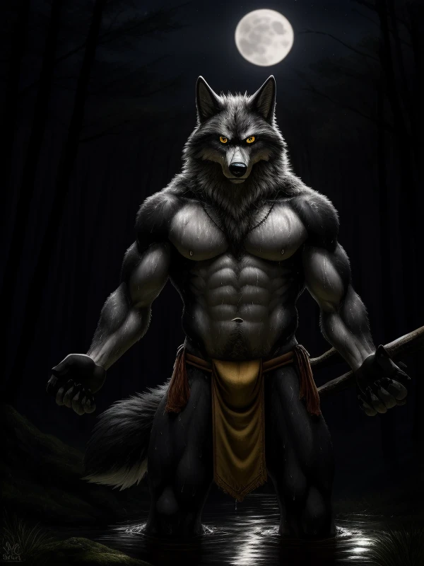 canid, wolf, white fur, detailed face, (shiny yellow eyes:1.2), detailed hands, solo, muscular, adult, chest tuft, tribal warrior, swamp, forest, night, full moon, sweat, intricate loincloth, defiance512, high quality, absurd res, photorealistic, dramatic ...