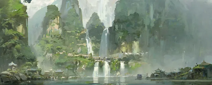 chinese buliding,temple,guofeng,(pond:0.8),sunkilow,concept art,waterfall come from the mountain top,panorama,long shot,(reflection light:0.8),masterpiece,best quality,high quality,high details,UHD,gloomy,(low saturation:0.4),artstation,oil painting,bichu,...