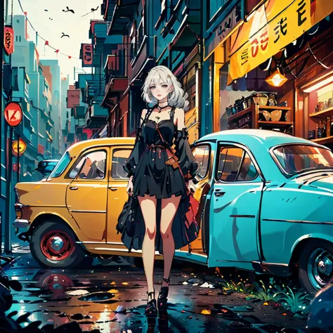 masterpiece,best quality,highres,4k,1girl,dark theme,Tattered clothes,white hair,fantasy,magic,adventure,random shot,Leaning against a vintage car, she holds a classic camera, capturing timeless moments with her lens,urban style,