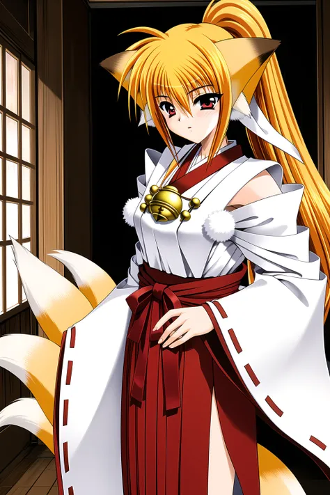 ((masterpiece, high quality, best quality)),
1girl, kuon (triangle heart), animal ears, fox ears, miko, tail, japanese clothes, blonde hair, fox tail, long hair, red hakama, bell, hakama, hakama skirt, skirt, jewelry, ponytail, 
<lora:tsuzuki-style_v1.0:1....