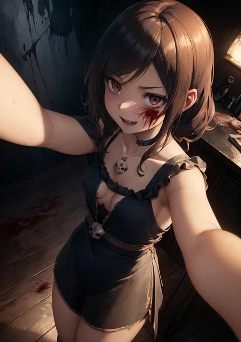 model shoot style, (upper body, selfie:1.5, high-quality digital anime illustration:1.3) of a ((young girl:1.3, small breasts:1.4)), (1girl:1.5), (multicolored hair:1.2, black dress, shorts), (horror atmosphere, night lights:1.2, spooky background:1.5, blo...