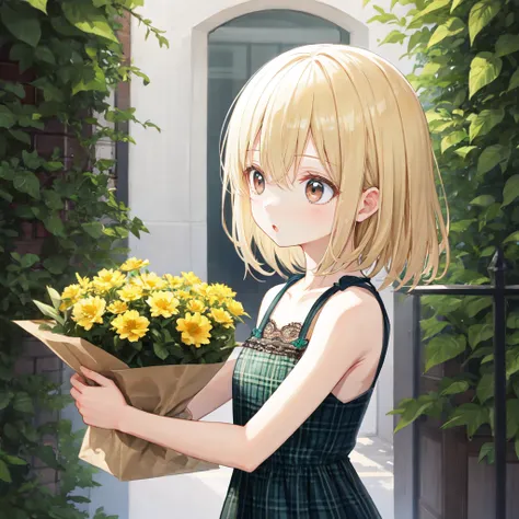 best quality, amazing intricate, cute girl, round eyes, :o, small breast,
blonde hair, medium hair, , ,
from side, (upper body:1.3), (looking away:1.2),
green dress, lace-trimmed dress, plaid dress,
in a florist