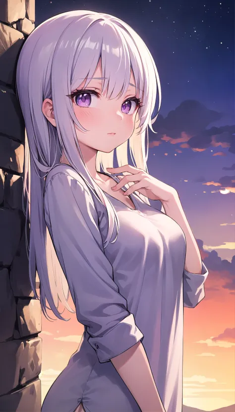 (masterpiece), best quality, high resolution, highly detailed, detailed background, perfect lighting, 1girl, round fringe, purple eyes, medium breasts, nightshirt, sunset, foundry,