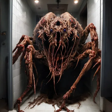 realistic photo of a huge ab0m monster spider ((in the bathroom)), terrifying, scary many eyes,<lora:ab0m1-000002:1> , detailed