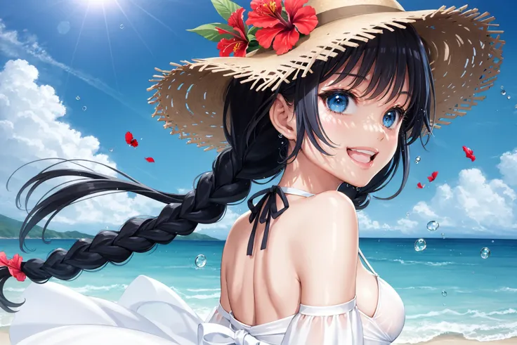 1girl, hat, solo, outdoors, smile, blue eyes, long hair, flower, open mouth, black hair, looking at viewer, straw hat, braid, day, :d, twin braids, bare shoulders, hat flower, sky, blush, ocean, bird, upper body, bangs, cloud, blue sky, water, floating hai...