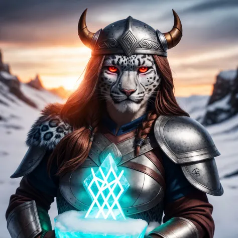 ((angry anthro snow leopard female wearing epic viking armor with runes and a helmet )), (red glowing eyes) ,RAW photo, (epic ice Jotunheim landscape),(fighting  ice giant) masterpiece, Nordic, smoke, best quality, dynamic pos, ultra detailed, metal plates...