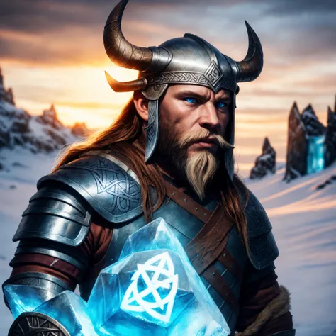 ((angry viking wearing epic viking armor with runes and a helmet )), (deep blue eyes) ,RAW photo, (epic ice Jotunheim landscape),(fighting  ice giant) masterpiece, Nordic, smoke, best quality, dynamic pos, ultra detailed, metal plates, rust, full bodyt, li...