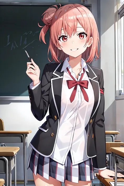 (masterpiece, best quality:1.4), looking at viewer, cowboy shot, smile, classroom, yui yuigahama, single hair bun, school uniform, black jacket, open jacket, white shirt, plaid skirt, kneehighs, <lora:yui_yuigahama_v1:0.7>