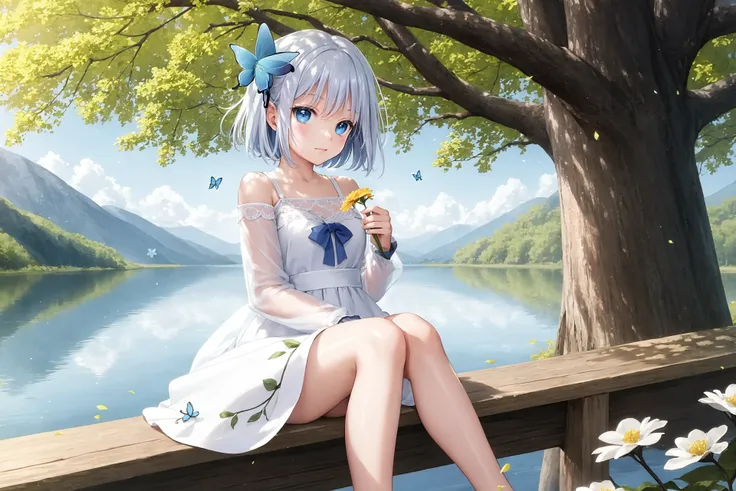 1girl, blue eyes, flower, bug, butterfly, solo, sitting, hair ornament, dress, tree, outdoors, holding, hair flower, blue flower, white dress, bangs, blue butterfly, blue hair, short hair, looking at viewer, wide sleeves, long sleeves, closed mouth, blush,...