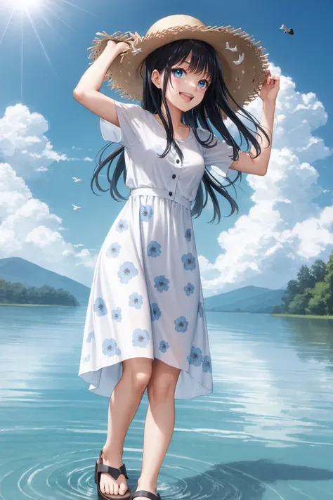 1girl, hat, solo, outdoors, black hair, dress, sky, smile, cloud, open mouth, water, day, straw hat, :d, blue eyes, floral print, short sleeves, looking at viewer, shirt, bird, standing, blue sky, white shirt, holding, arm up, blush, print dress, bangs, fl...