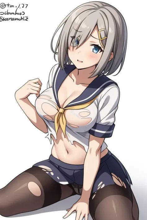 <lora:outfit_tornclothes-000004:1> ,1girl, solo, hamakaze (kancolle), torn clothes, breasts, pantyhose, grey hair, hair ornament, hairclip, large breasts, blue eyes, torn pantyhose, skirt, hair over one eye, dated, short hair, school uniform, serafuku, bla...