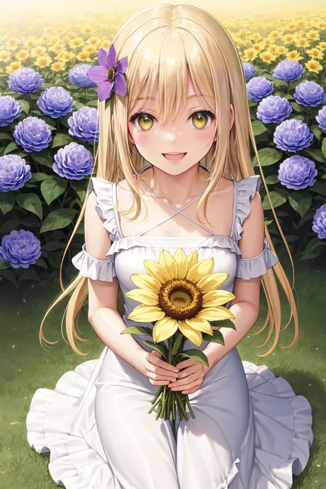 1girl, solo, flower, blonde hair, smile, open mouth, hair ornament, looking at viewer, holding, dress, hair flower, sitting, white dress, blush, floral print, :d, wariza, blue flower, long hair, holding flower, bangs, colorful, multicolored eyes, red flowe...