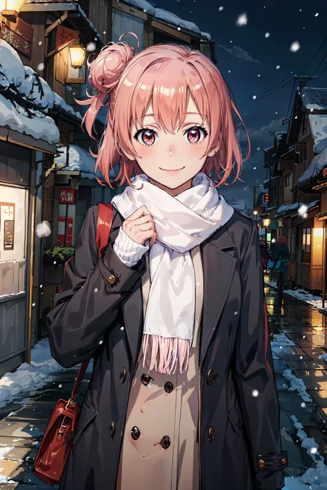 (masterpiece, best quality:1.4), looking at viewer, cowboy shot, smile, closed mouth, yui yuigahama, single hair bun, night, coat, scarf, outdoors, snowing, solo, <lora:yui_yuigahama_v1:0.7>