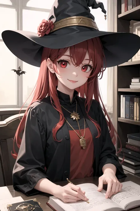 masterpiece, best quality, 1girl, face focus, witch, witch attire, long red hair, red eyes, bookshelf, room, red pendant, smile