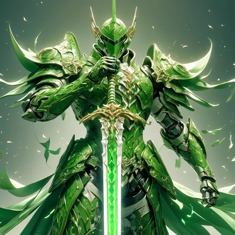 1man. male, solo, wearing green armor, holding white weapon infront of him, holding sword, cape,  simple glowing background , HD, masterpiece, best quality, hyper detailed, ultra detailed,