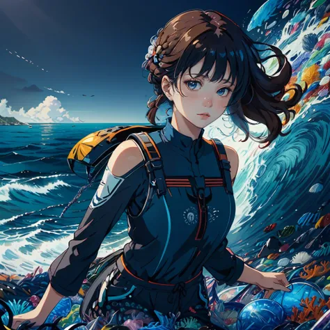 best quality, masterpiece, 4k, highres, anime, 2D, dark theme, intricate detailed, hdr, 1girl, Comely, romper, A modern floating marine debris cleanup project, organizing efforts to remove and recycle ocean plastic waste,close up to face,face focus,