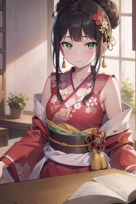 diakurosawa, <lora:diakurosawa:1>, dia kurosawa, black hair, (green eyes:1.5), blunt bangs, grey skirt, hair ornament, hairclip, mole, mole under mouth, (small breast:1.2),
BREAK collarbone, floral background, floral print, frilled sleeves, frills, hair bu...