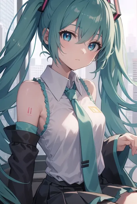 hatsunemiku, <lora:mikuhatsunetest:1>,
miku hatsune, ahoge, aqua eyes, aqua hair, crossed bangs, hair between eyes, hair ornament, headphones, long hair, twintails,
BREAK aqua necktie, black footwear, black skirt, black sleeves, boots, collared shirt, deta...