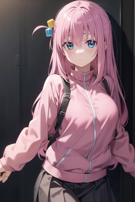 hitorigotou, <lora:hitorigotoutest:1>, 
hitori gotou, blue eyes, cube hair ornament, hair between eyes, hair ornament, pink hair, one side up, long hair,
BREAK black skirt, jacket, long sleeves, pants, pants under skirt, (pink jacket:1.5), pink pants, plea...