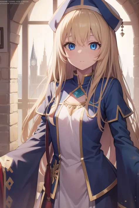 priestess, <lora:priestesstest:1>, priestess, blonde hair, blue eyes, long hair, hat, (small breast:1.2),
break ,
break looking ...