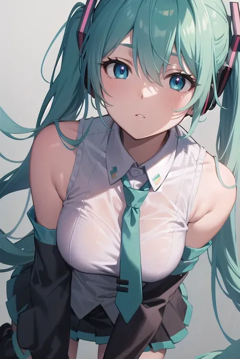 hatsunemiku, <lora:mikuhatsunetest:1>,
miku hatsune, ahoge, aqua eyes, aqua hair, crossed bangs, hair between eyes, hair ornament, headphones, long hair, twintails,
BREAK aqua necktie, black footwear, black skirt, black sleeves, boots, collared shirt, deta...