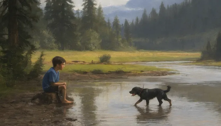 a boy with his dog at the rivers edge of a cascadian forest by ClassipeintXL