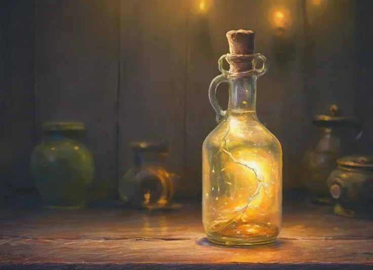 a glowing magic potion in a glass bottle luminescent sparkling vibrant liquid in a glass bottle on a rustic wood table background courtyard glowing elixir in a magical fantastical bottle by ClassipeintXL 