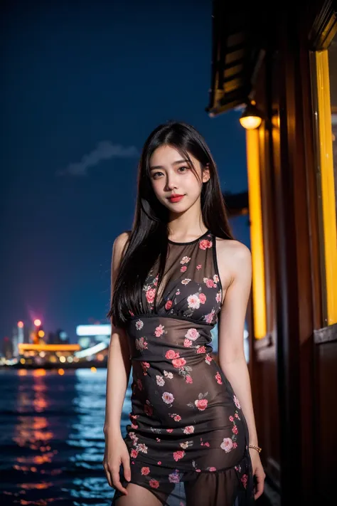 realistic, photorealistic, masterpiece, best quality, dark shot, (photo of portrait:1.2), cowbody shot,1girl, solo, smile, looking at viewer, long black hair, ([:see-through:4]:1.2) (colorful:1.2) cns_dress, (floral print:1.2), standing by a river, dynamic...