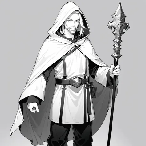 LineAniAF,
lineart,monochrome,(masterpiece:1.5),(best quality:1.5),1man,male focus,facial hair,holding,beard,hood,staff,old,gradient background,wizard,gradient,old man,solo,gem,white hair,hood up,mustache,long sleeves,holding staff,armor,belt,black backgro...