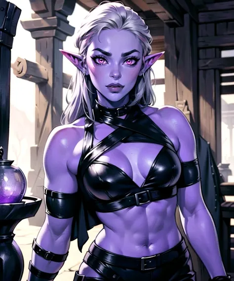 woman in her 20s, (perfect face), defined jawline, beautiful lips, (beautiful bright purple eyes), (long straight silver hair), elf ears, (purple skin), (perfect anatomy), (athletic body), (sexy), (perfect hands), (black intricate leather rogue assassin ou...