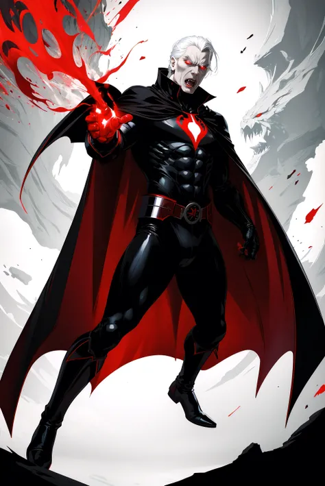 mature male vampire, pale skin, (red glowing eyes), black uniform, flowing cape, evil, angry, day, detailed, flying, cape, masterpiece, absurdres, best quality, dark, flat colors, 2D, action pose, power pose, limit break, <lora:clayMann-000012:0.75> (art b...