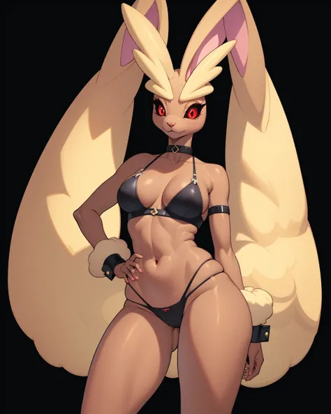 (masterpiece, best quality:1.1), 1girl, solo, tense, wide-eyed, (lopunny:1.1), furry, furry female, body fur, (black sclera:1.05), red eyes, rabbit ears, wrist cuffs, breasts, black choker, sci-fi setting, futuristic attire, glowing visor, confident postur...