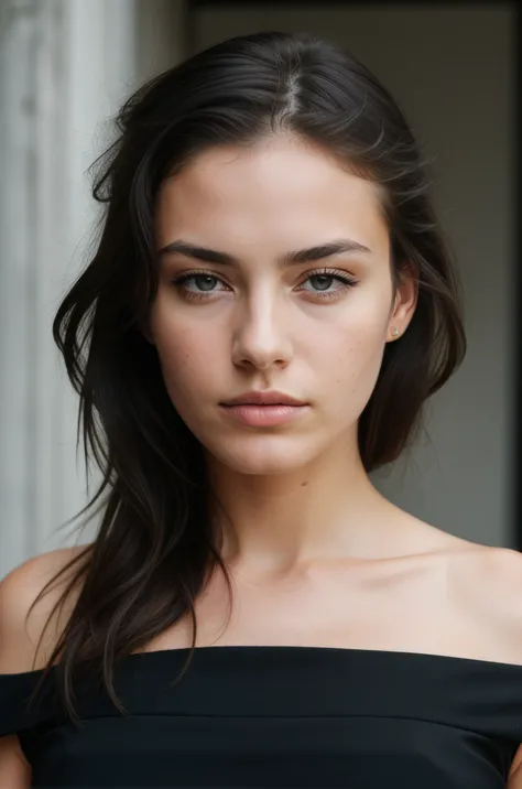 high quality, face portrait photo of a european young woman, wearing black dress, serious face, detailed face, skin pores, cinematic shot, dramatic lighting