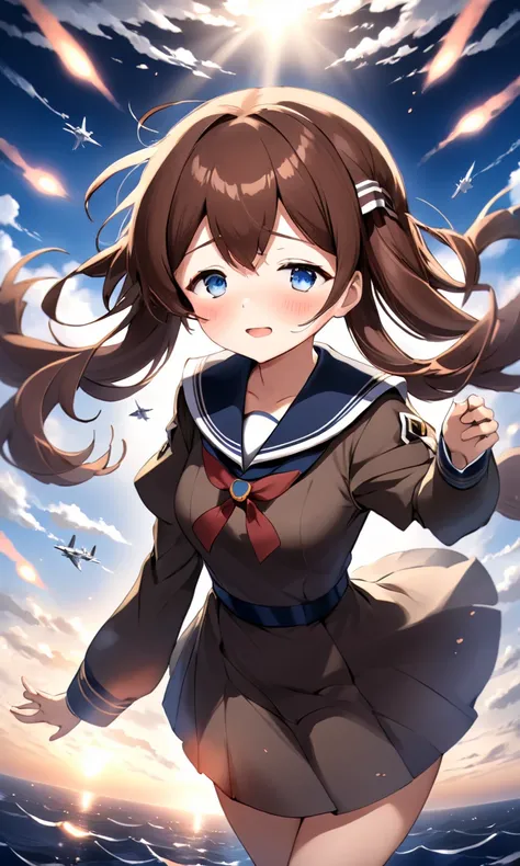 masterpiece, high quality, 8k, beautiful lighting, 1girl, solo, <lora:anime_sdxl_v1:0.75> cosplay, admiral kancolle, admiral kai ni kancolle, artist name, black sailor collar, blue eyes, blush, brown hair, closed eyes, comic, commentary request, cosplay, d...