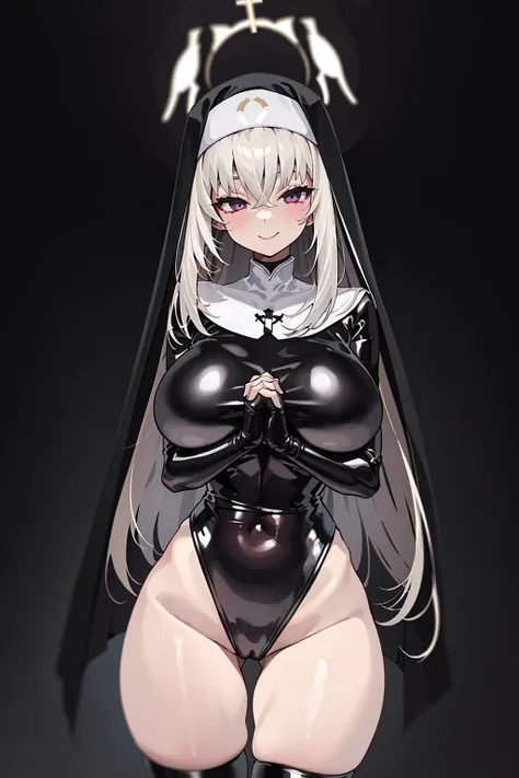 <lora:Sakurako-BlueArchive-v2R:0.7>, <lora:hiting-prayhandsv1e10:0.4>,masterpiece,  prayhands, interlocked fingers, own hands together, 1girl, huge breasts,  smile, Sakurako, black latex outfit, black latex nun hood, black latex thighhighs, halo cathedral ...