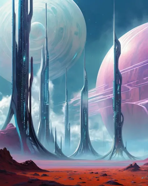 sci-fi environment,  gleaming biotech spires pierce the clouds on a distant planet, their organic architecture pulsating with th...