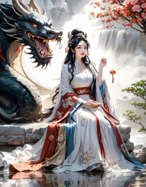 ( fantasy :1.3 ) ,masterpiece, best quality, mysterious, giant eastern dragon behind a girl, solo, black hair, chinese clothes,  closed mouth, dress, flower, full body, hair ornament, hanfu, holding, jewelry, long hair, long sleeves, sit, sitting on the gr...