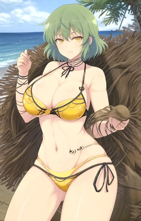 masterpiece, best quality, best aesthetic, anime, ultra detailed,
hikage_sk, 1girl, solo, hikagebikini2, animal print, (yellow,black bikini, side-tie bikini bottom, multi-strapped bikini:1.2), choker, cleavage, animal print, strap gap, (large breasts, wide...