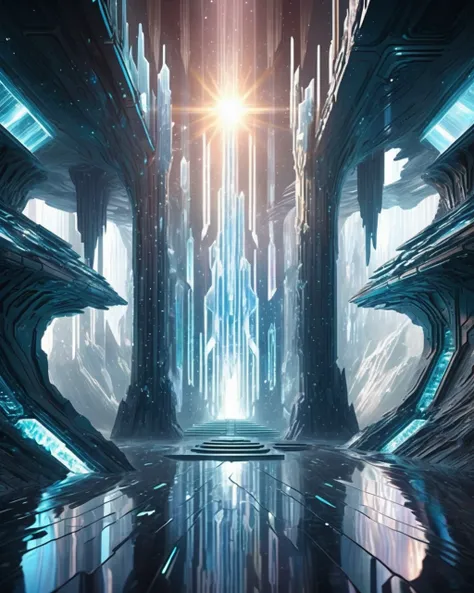 cinematic sci-fi environment,  stalactite-like crystals refract sunlight into prismatic patterns across a grand council chamber ...